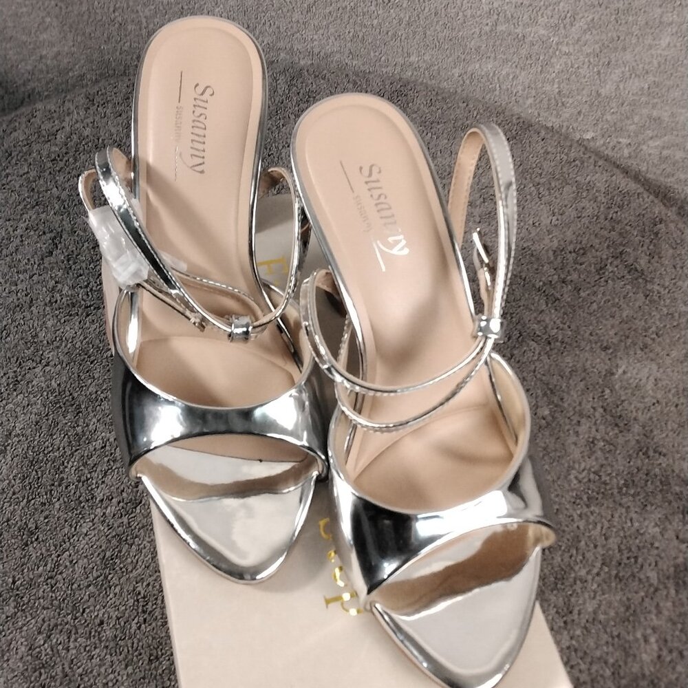 ✨ Susanny Silver Strappy Size 6.5 Chunky Block High Heels Stiletto Kitten Sandal